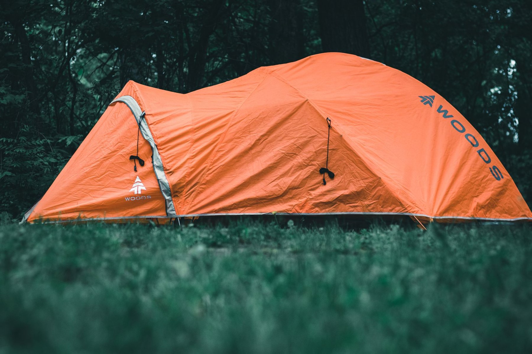 An orange camping tent with a rainfly pitched on grass in a forest.
